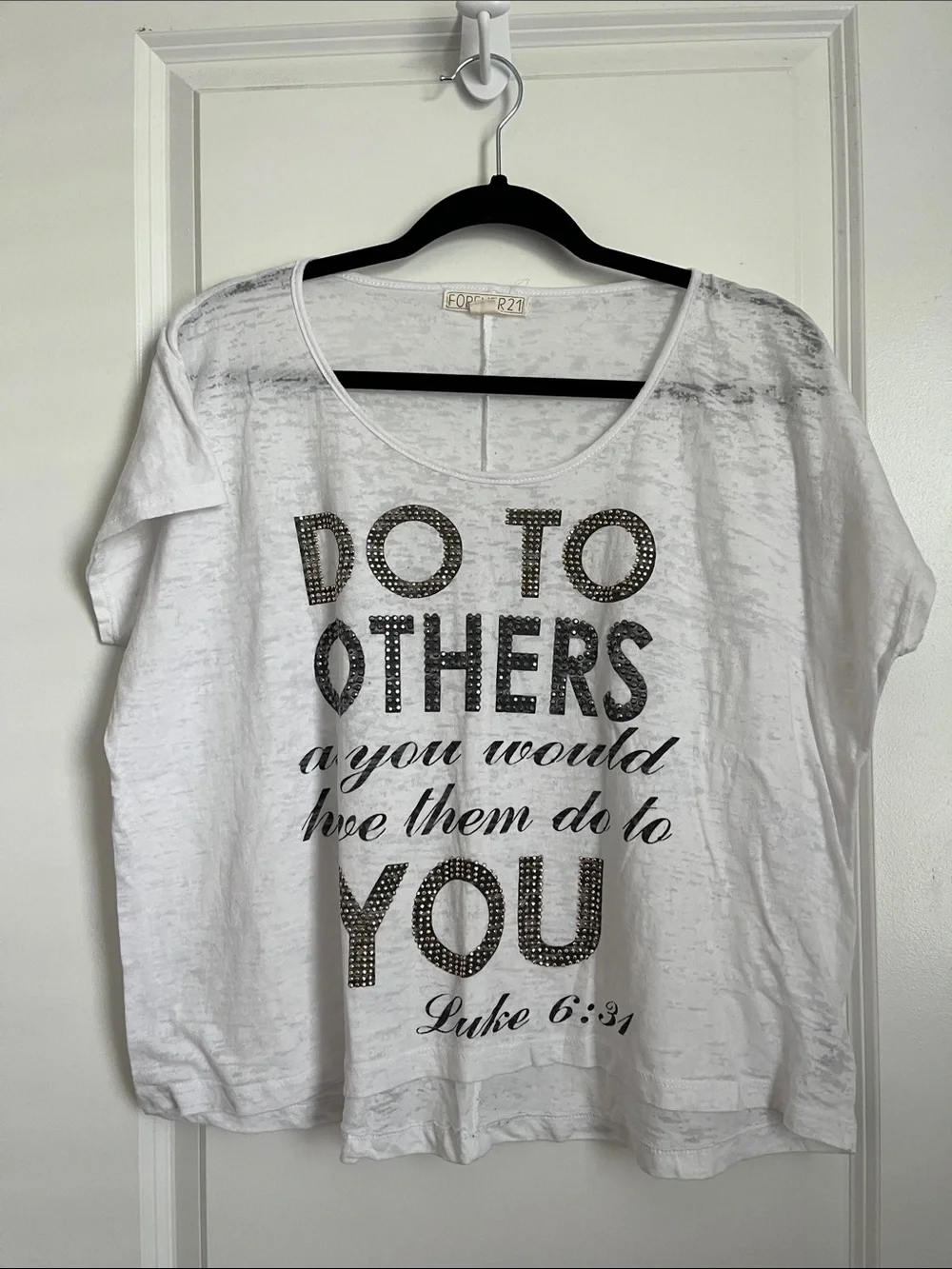 Forever 21 White Short Sleeve Graphic Tee with Studded Text